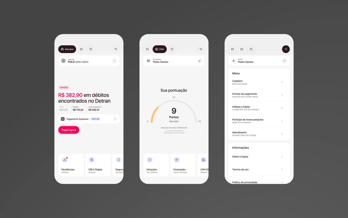 Zapay vehicle debt payment app screens
