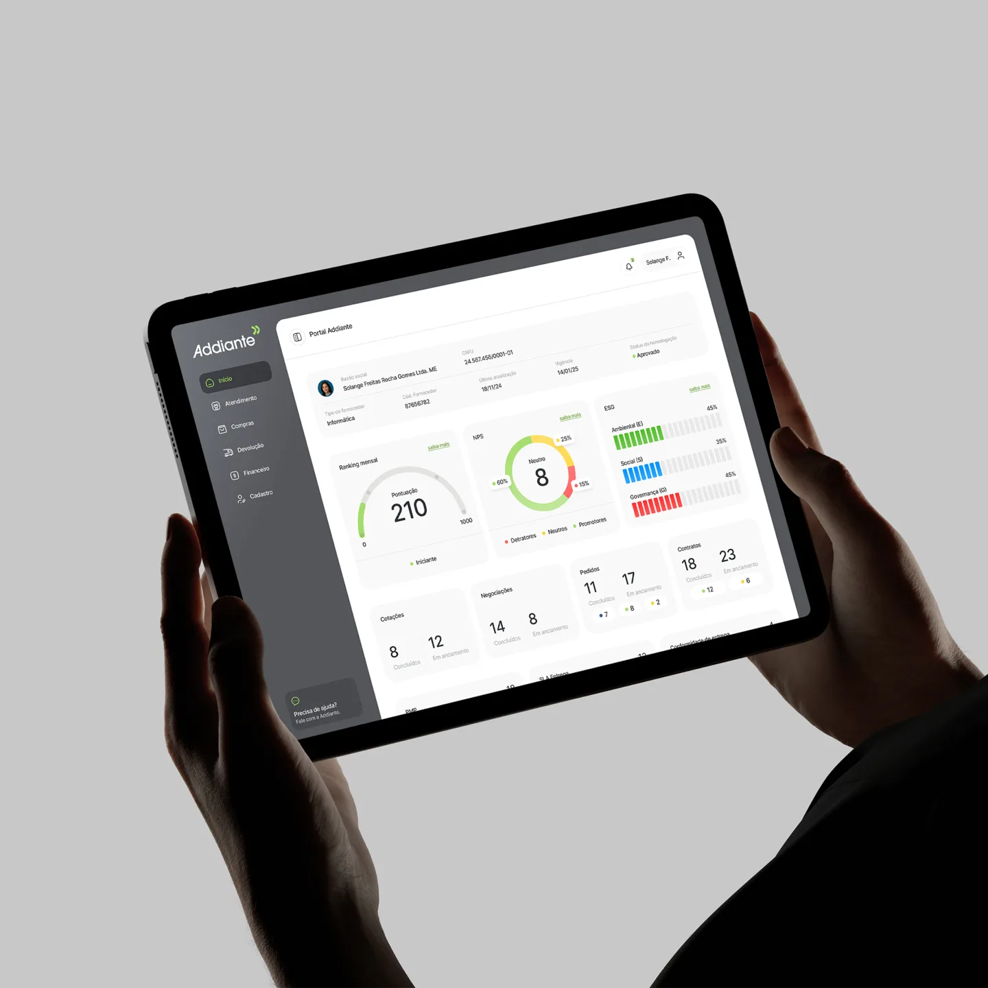 Addiante B2B supplier portal on a tablet
