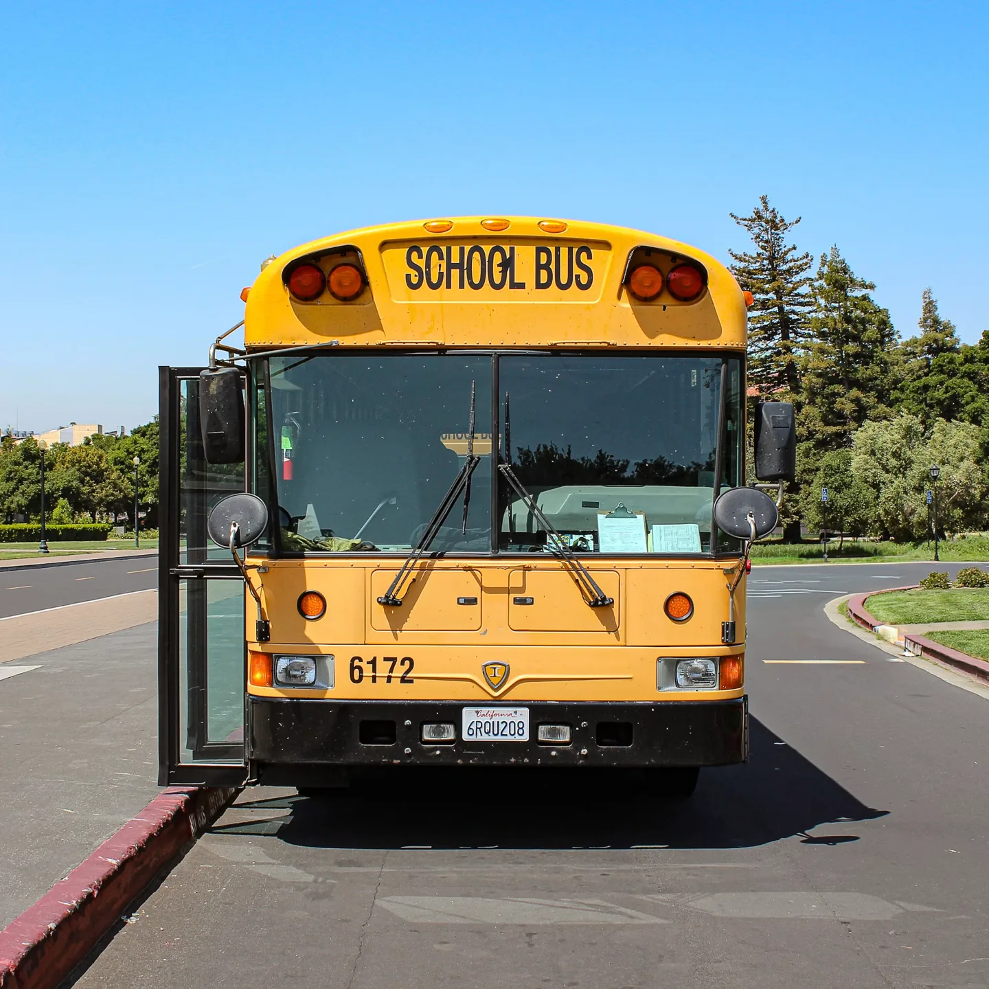 Yellow California school bus photographed from the front