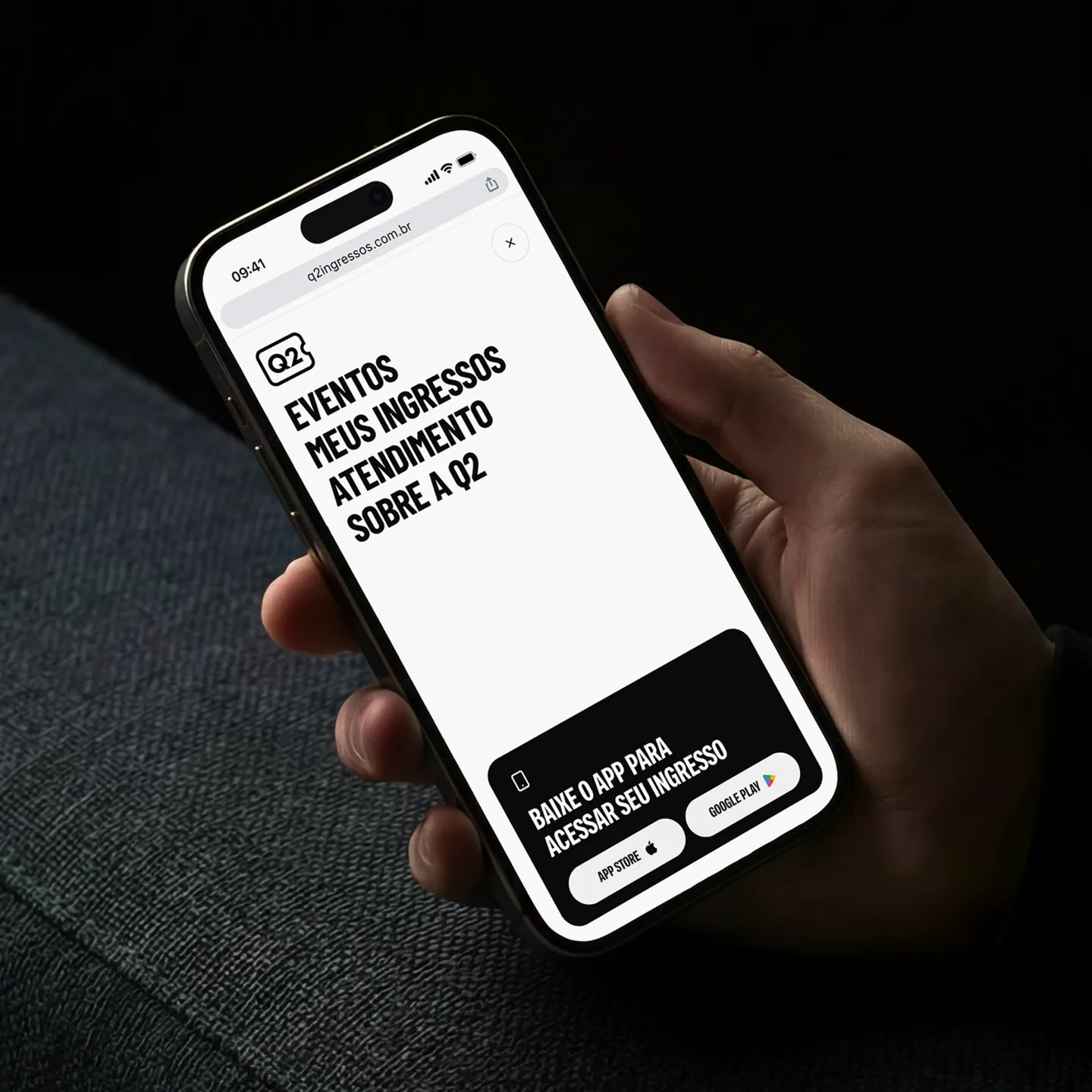 Q2 Ingressos mobile menu on a phone