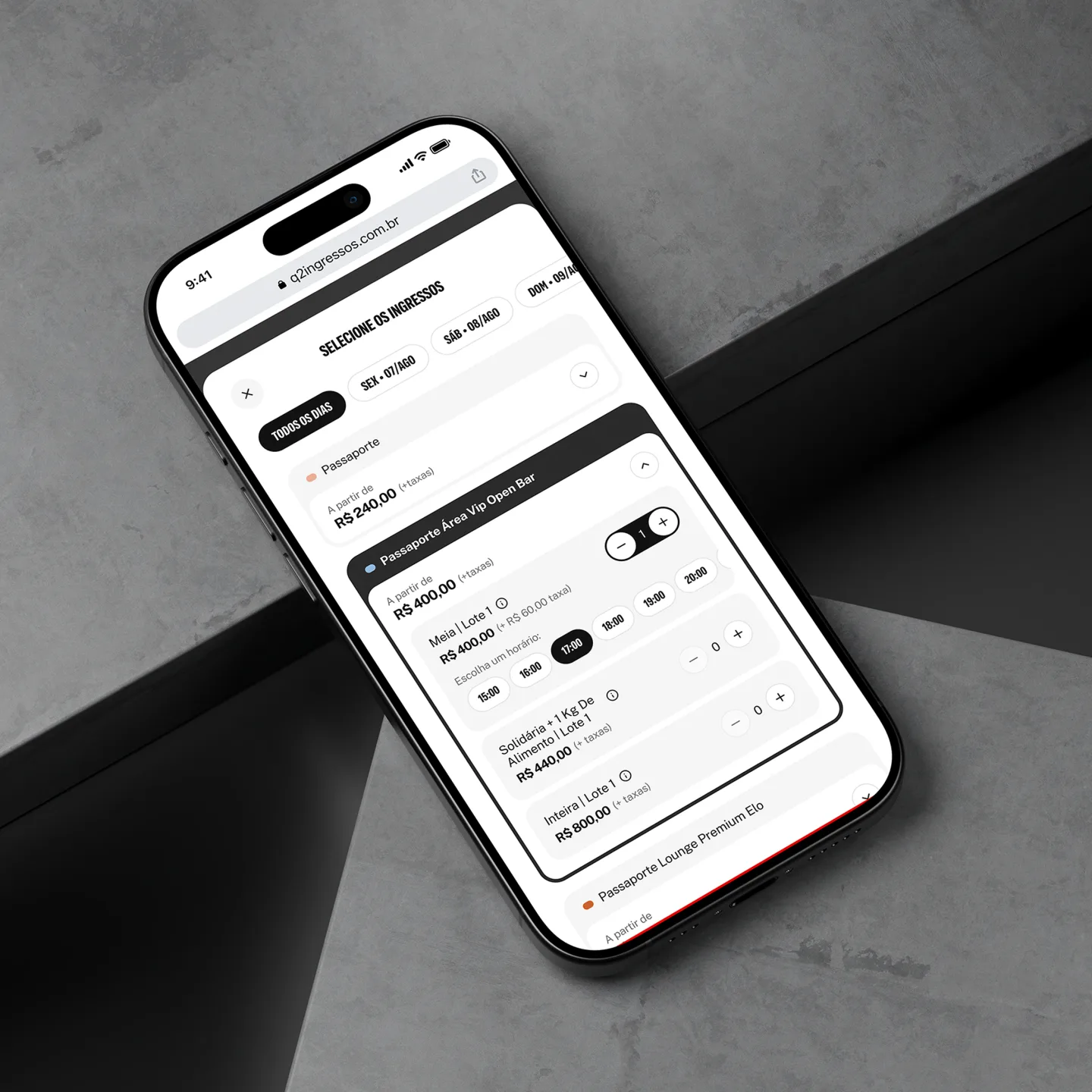Q2 Ingressos ticket selection screen on a phone