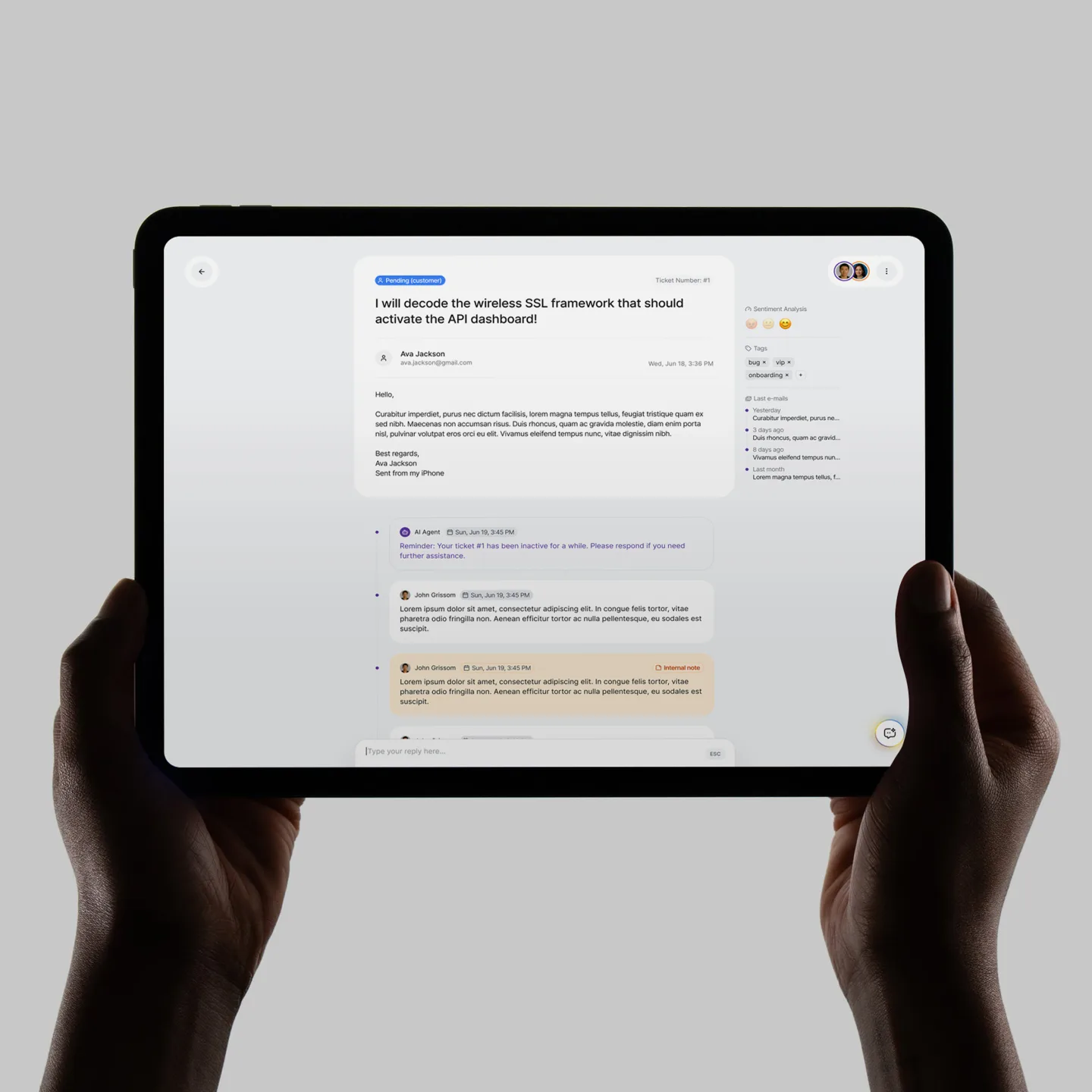 initdesk support ticket conversation on a tablet
