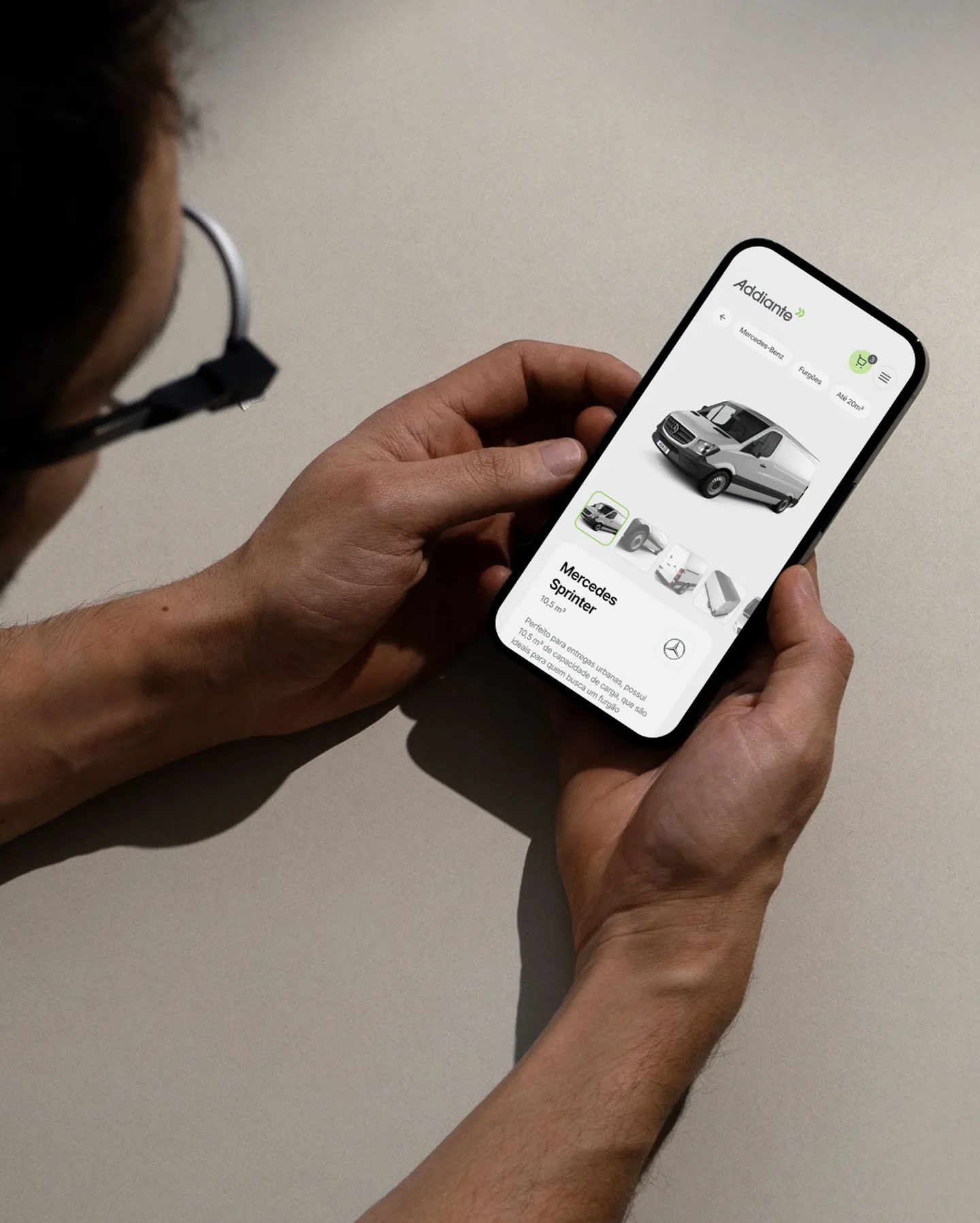 Addiante Mercedes Sprinter product page on a phone