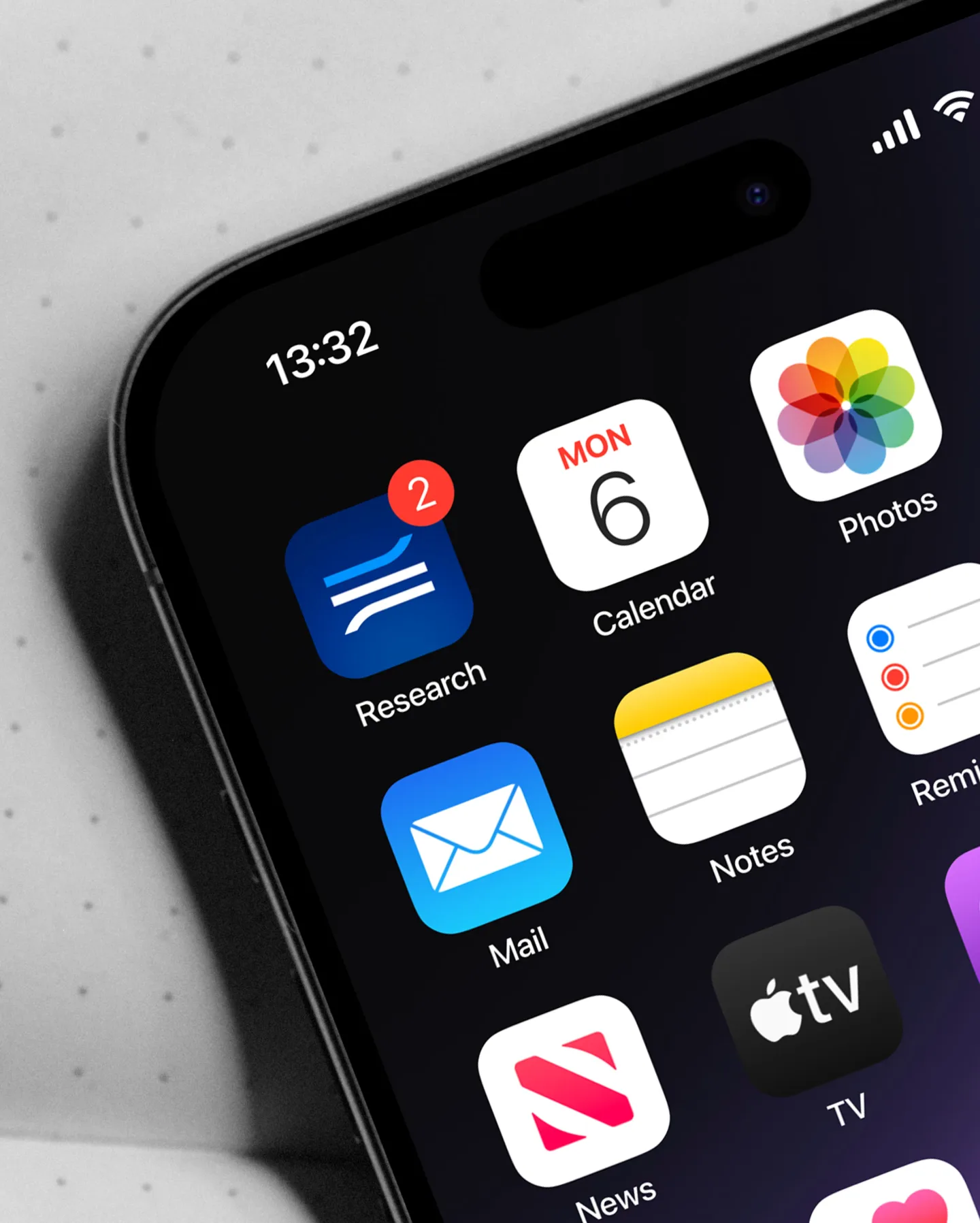 iPhone home screen with Blue3 Research app