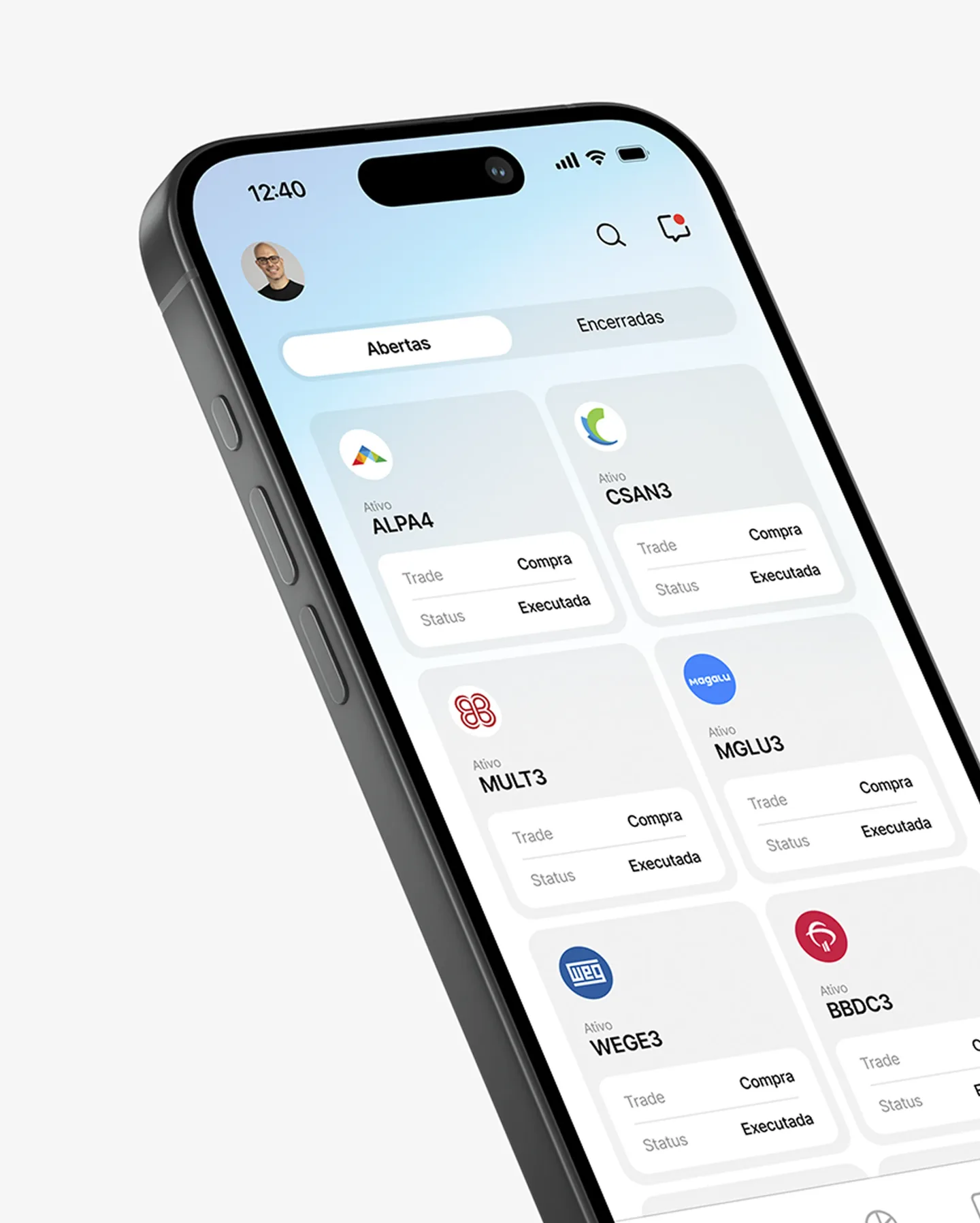 Blue3 Research open trades on a phone